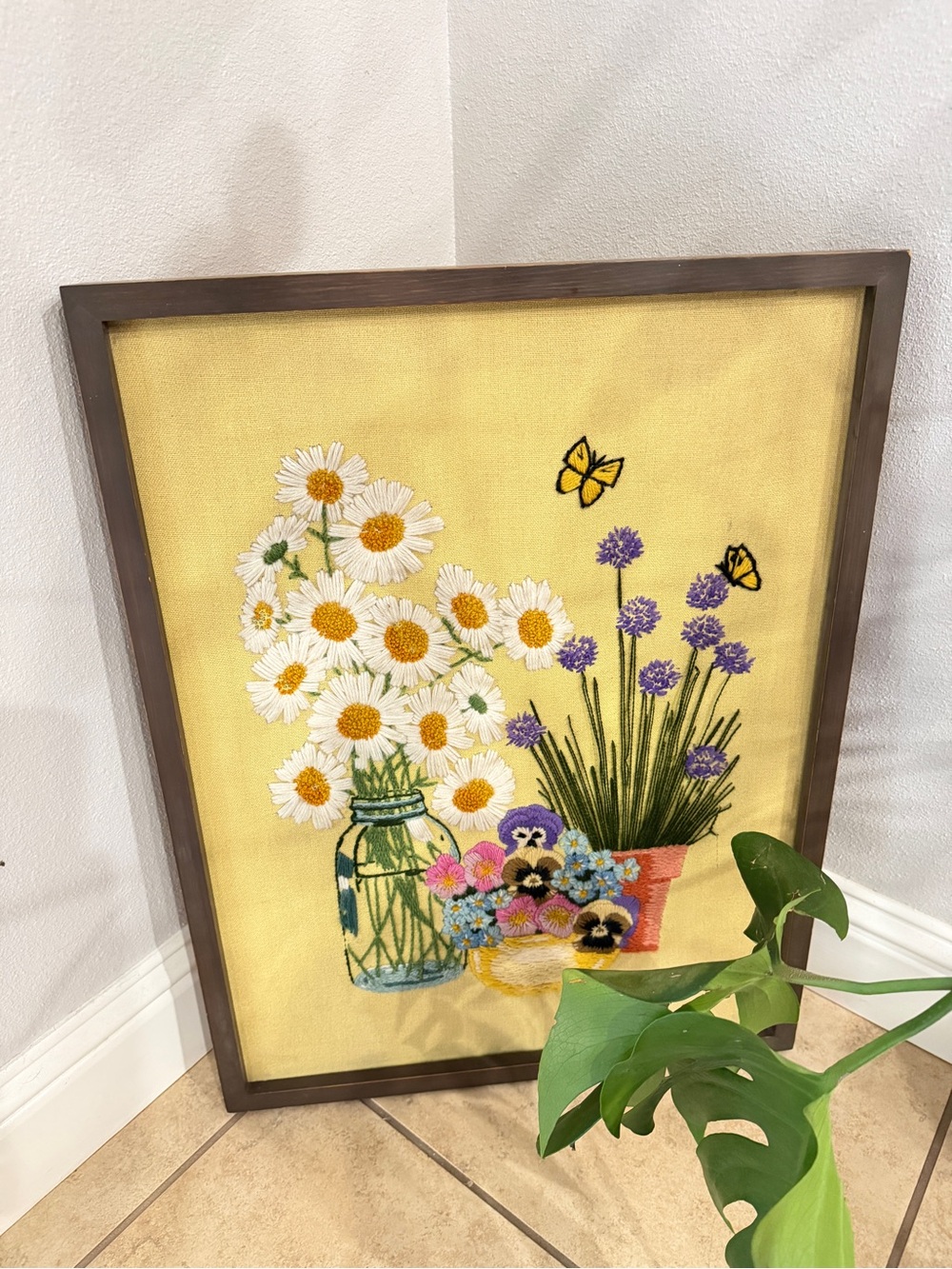 Vintage 1970s Crewel Embroidery Floral Wall Art Daisies Butterflies 18x26